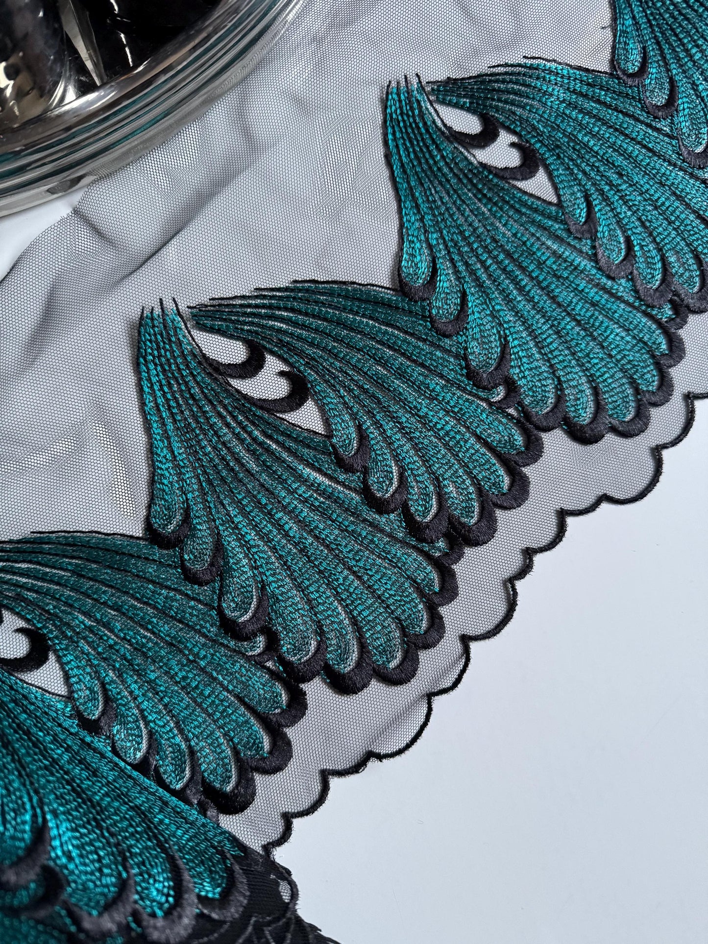 Black Teal Blue Swirl Leaf Embroidered Lace Trim (7"/18cm) Tulle Scallop Edge Fabric for Bra Making Knickers Lingerie Sewing Crafts