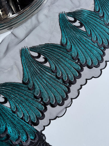 Black Teal Blue Swirl Leaf Embroidered Lace Trim (7"/18cm) Tulle Scallop Edge Fabric for Bra Making Knickers Lingerie Sewing Crafts