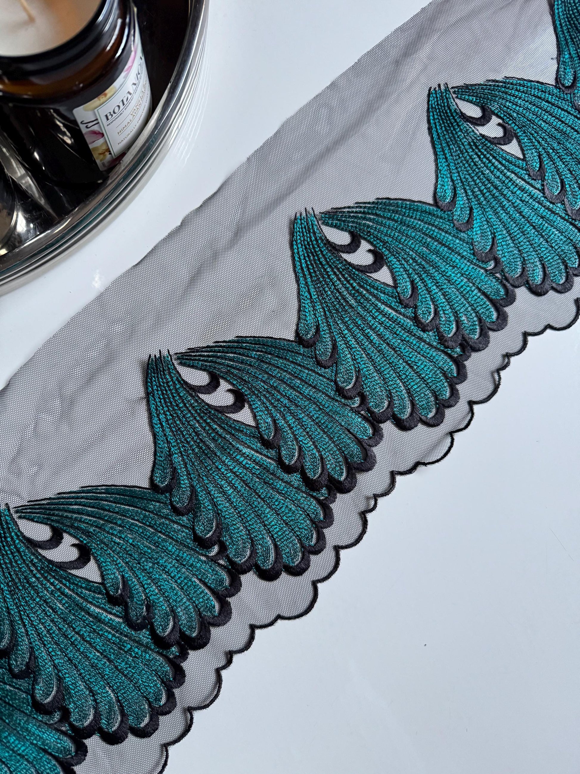 Black Teal Blue Swirl Leaf Embroidered Lace Trim (7"/18cm) Tulle Scallop Edge Fabric for Bra Making Knickers Lingerie Sewing Crafts