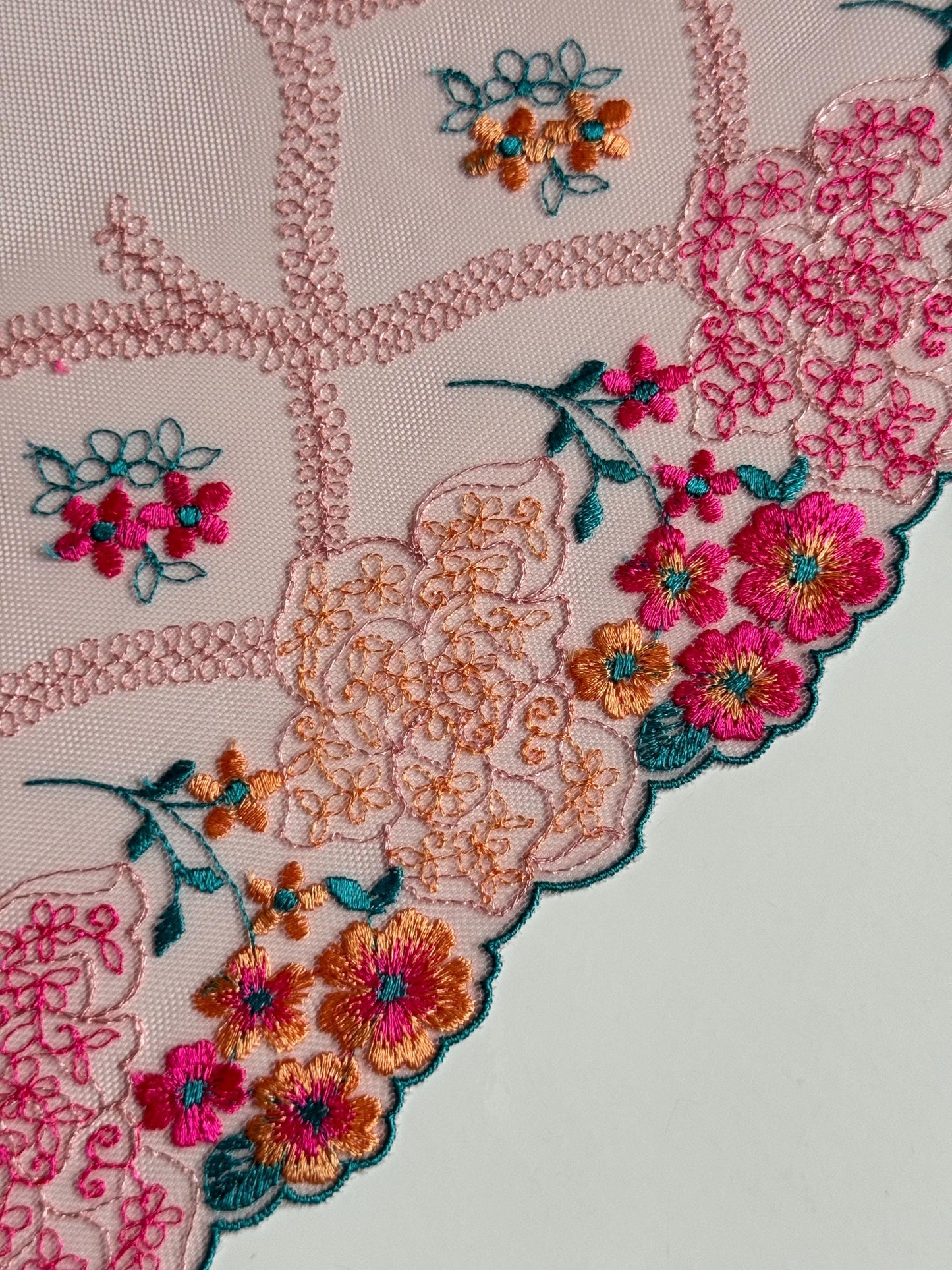 Pink Teal Green Yellow Floral Embroidered Lace Trim (9"/23cm) Mesh Tulle Scallop Edge Fabric for Bramaking Knickers Lingerie Sewing