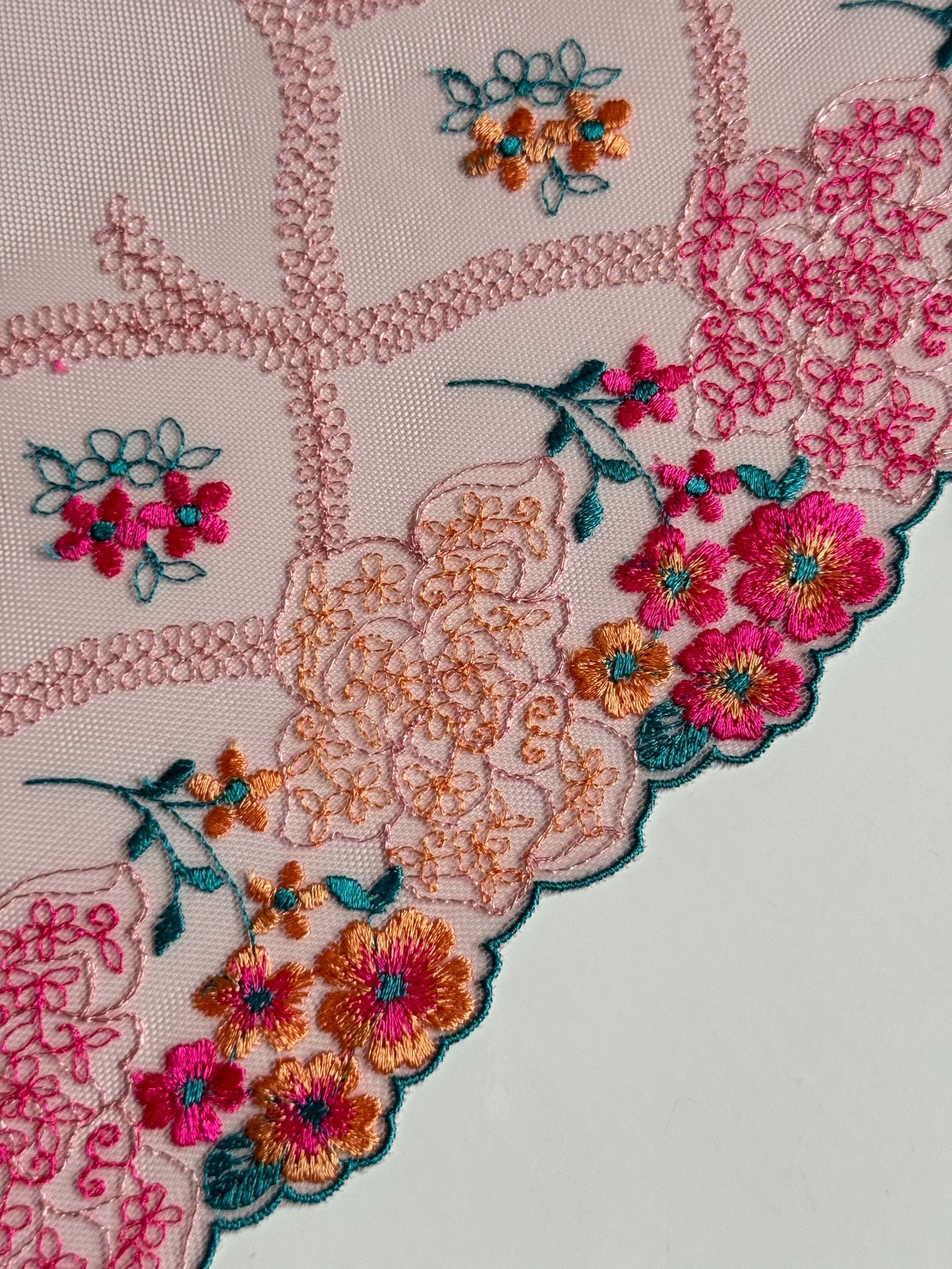 Pink Teal Green Yellow Floral Embroidered Lace Trim (9"/23cm) Mesh Tulle Scallop Edge Fabric for Bramaking Knickers Lingerie Sewing