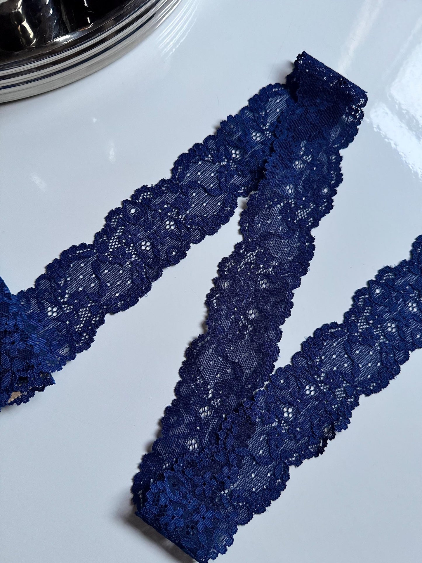 Navy Floral Narrow Stretch Lace Trim 2.25”/5.5cm Scallop Edge Wide Lace Fabric for Bra Making Bramaking Knickers Lingerie Sewing CLEARANCE