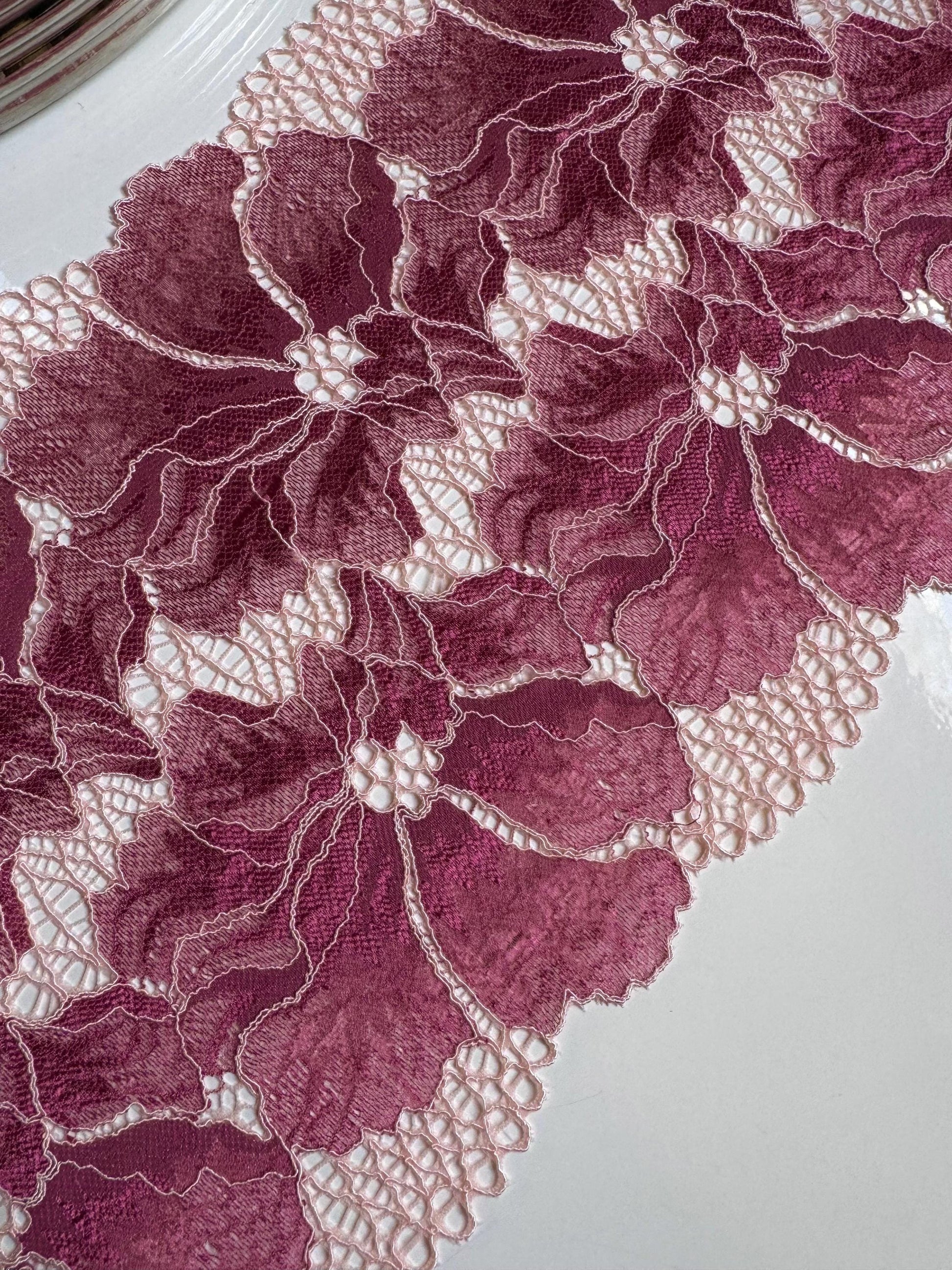Deep Rose Pink Cream Stretch Lace (7.5"/19cm) Floral Scallop Edge Wide Lace Fabric for Bra Making Bramaking Knickers Lingerie Sewing Crafts