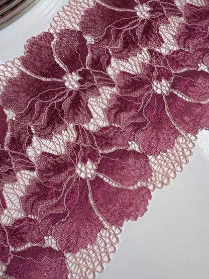 Deep Rose Pink Cream Stretch Lace (7.5"/19cm) Floral Scallop Edge Wide Lace Fabric for Bra Making Bramaking Knickers Lingerie Sewing Crafts