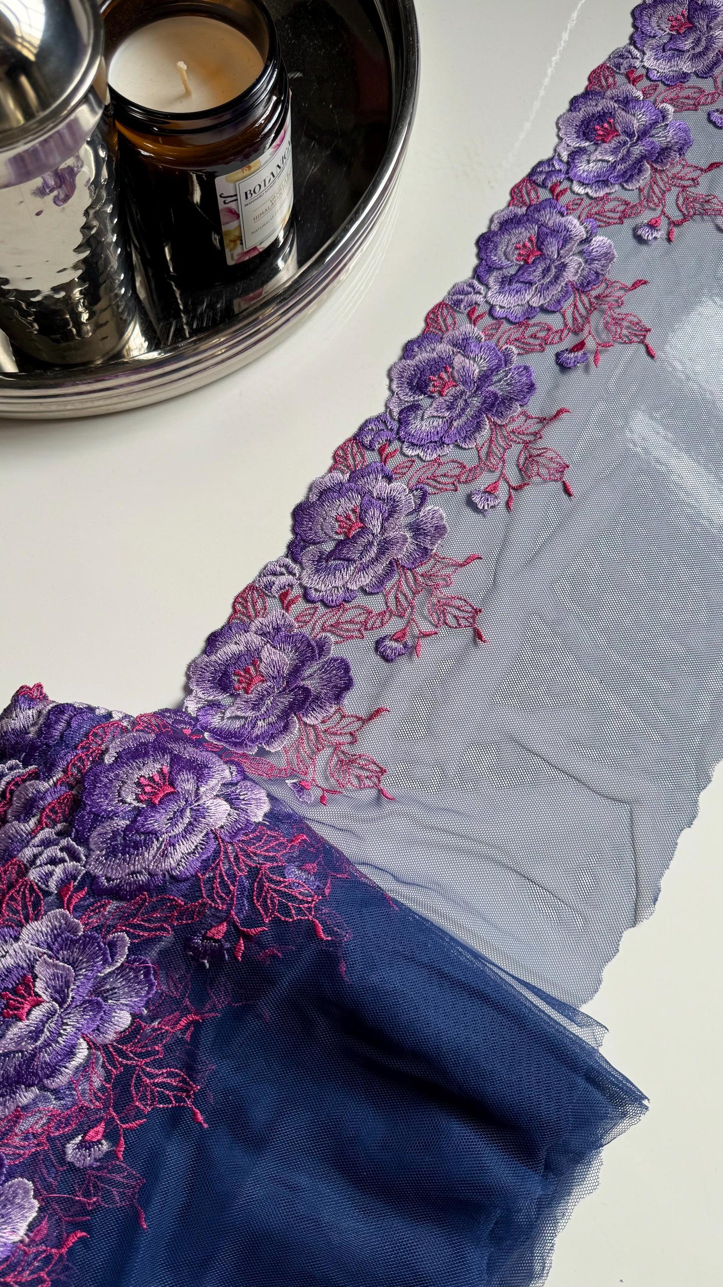Purple Pink Large Flower Embroidered Lace Trim (8.75"/22cm) Navy Mesh Tulle Scallop Edge Fabric for Bramaking Knickers Lingerie Sewing Craft