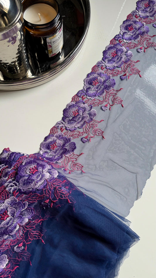 Purple Pink Large Flower Embroidered Lace Trim (8.75"/22cm) Navy Mesh Tulle Scallop Edge Fabric for Bramaking Knickers Lingerie Sewing Craft