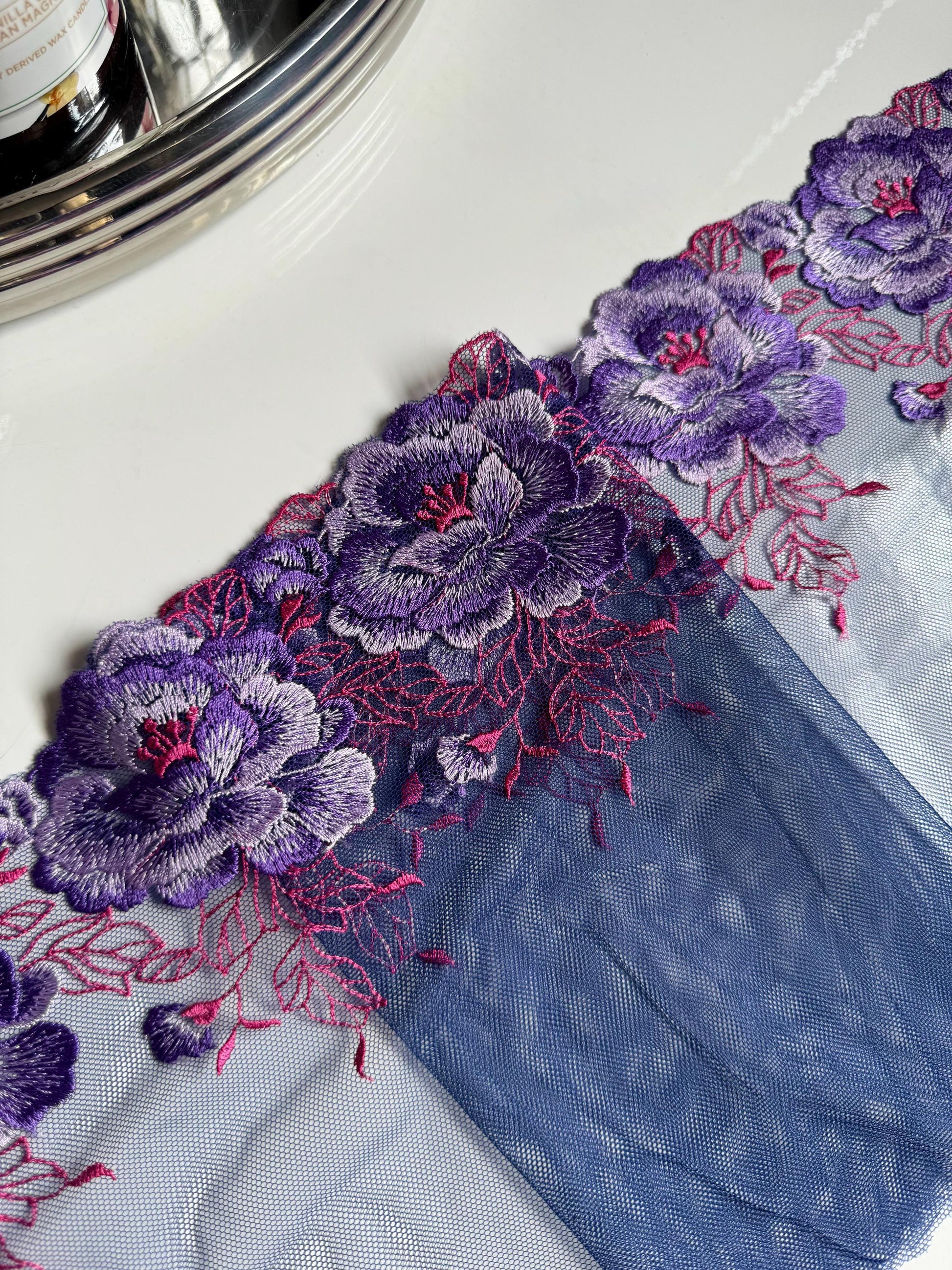 Purple Pink Large Flower Embroidered Lace Trim (8.75"/22cm) Navy Mesh Tulle Scallop Edge Fabric for Bramaking Knickers Lingerie Sewing Craft
