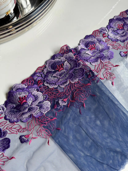Purple Pink Large Flower Embroidered Lace Trim (8.75"/22cm) Navy Mesh Tulle Scallop Edge Fabric for Bramaking Knickers Lingerie Sewing Craft