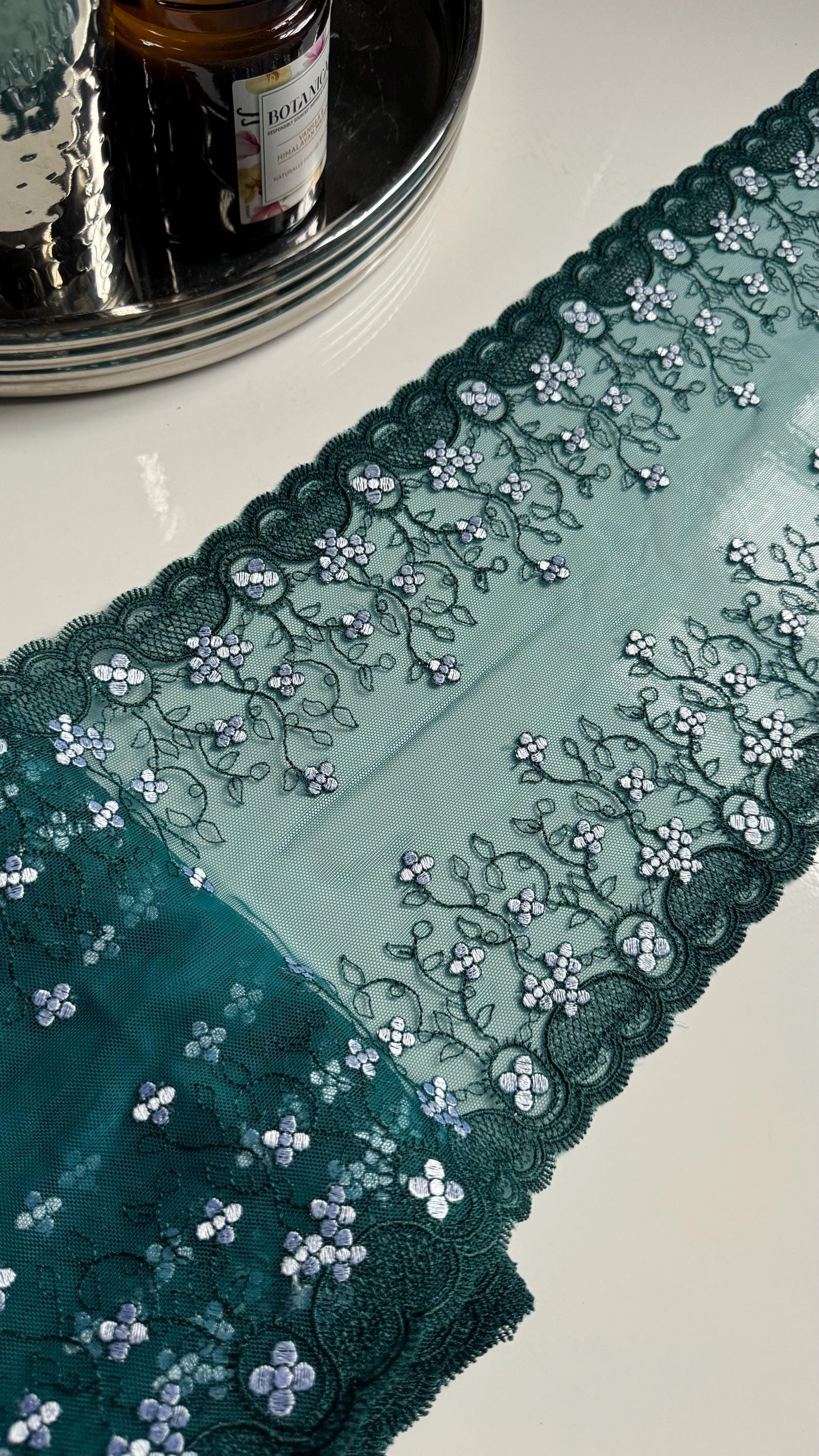Two Tone Green White Floral Embroidered Lace Trim (8.25"/21cm) Teal Mesh Tulle Scallop Edge Fabric for Bramaking Knickers Lingerie Sewing