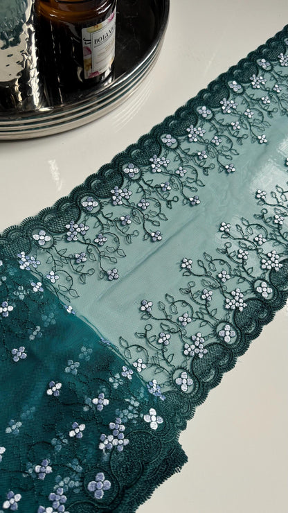 Two Tone Green White Floral Embroidered Lace Trim (8.25"/21cm) Teal Mesh Tulle Scallop Edge Fabric for Bramaking Knickers Lingerie Sewing