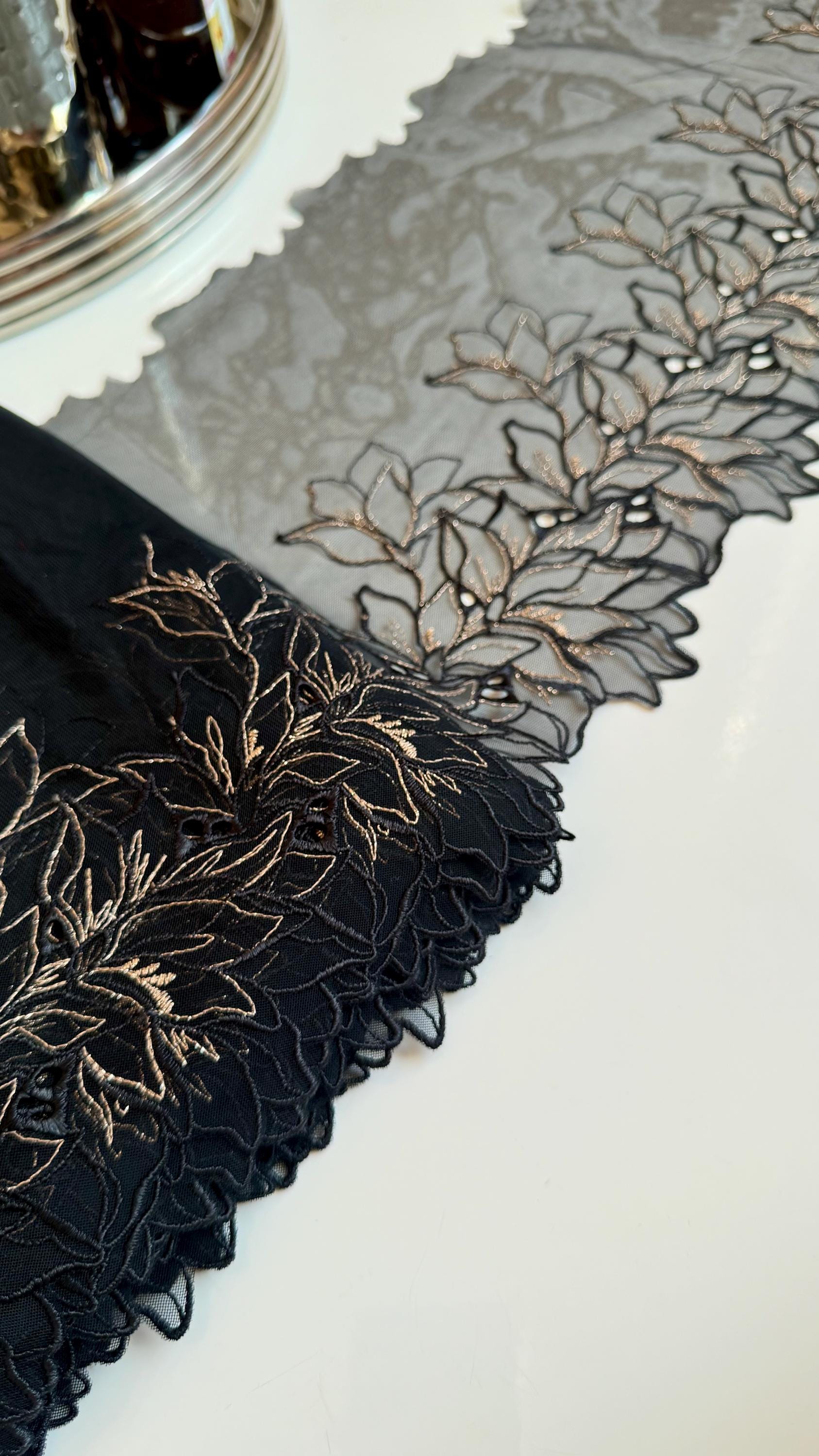 Black Gold Floral Embroidered Lace Trim 8.25”/21cm Tulle Scallop Edge Fabric for Bra Making Knickers Lingerie Sewing Craft