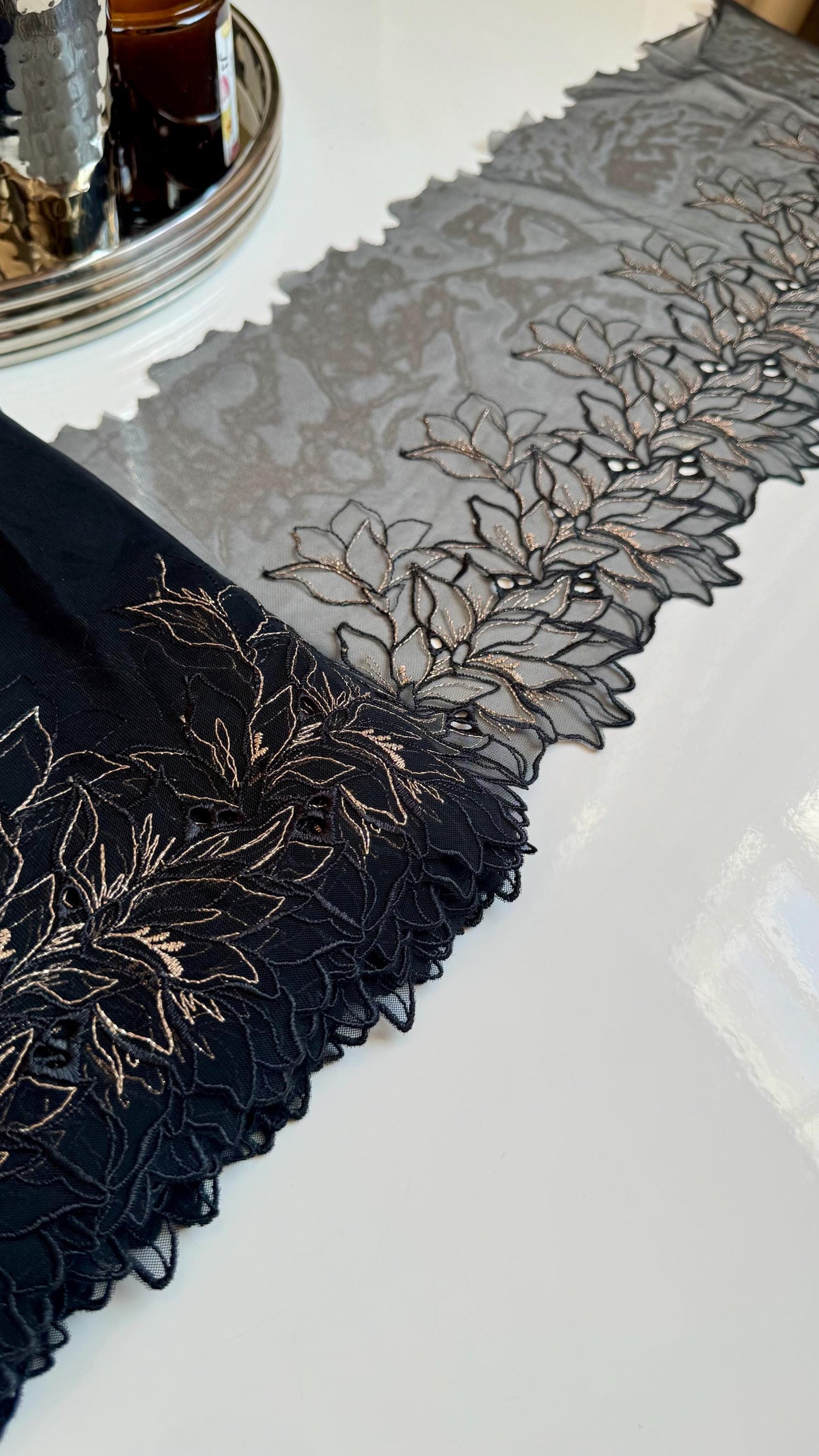 Black Gold Floral Embroidered Lace Trim 8.25”/21cm Tulle Scallop Edge Fabric for Bra Making Knickers Lingerie Sewing Craft