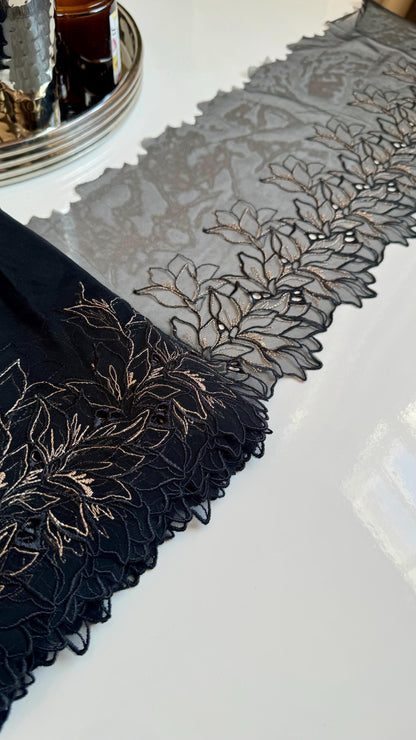 Black Gold Floral Embroidered Lace Trim 8.25”/21cm Tulle Scallop Edge Fabric for Bra Making Knickers Lingerie Sewing Craft