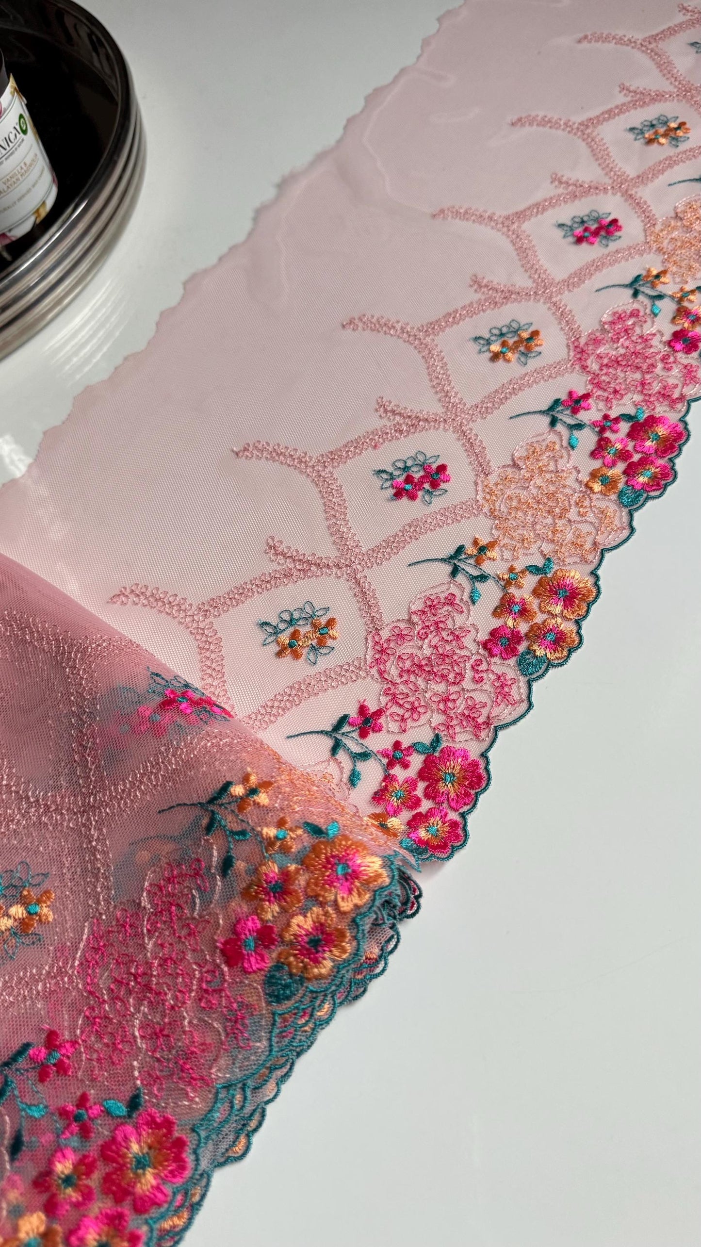 Pink Teal Green Yellow Floral Embroidered Lace Trim (9"/23cm) Mesh Tulle Scallop Edge Fabric for Bramaking Knickers Lingerie Sewing