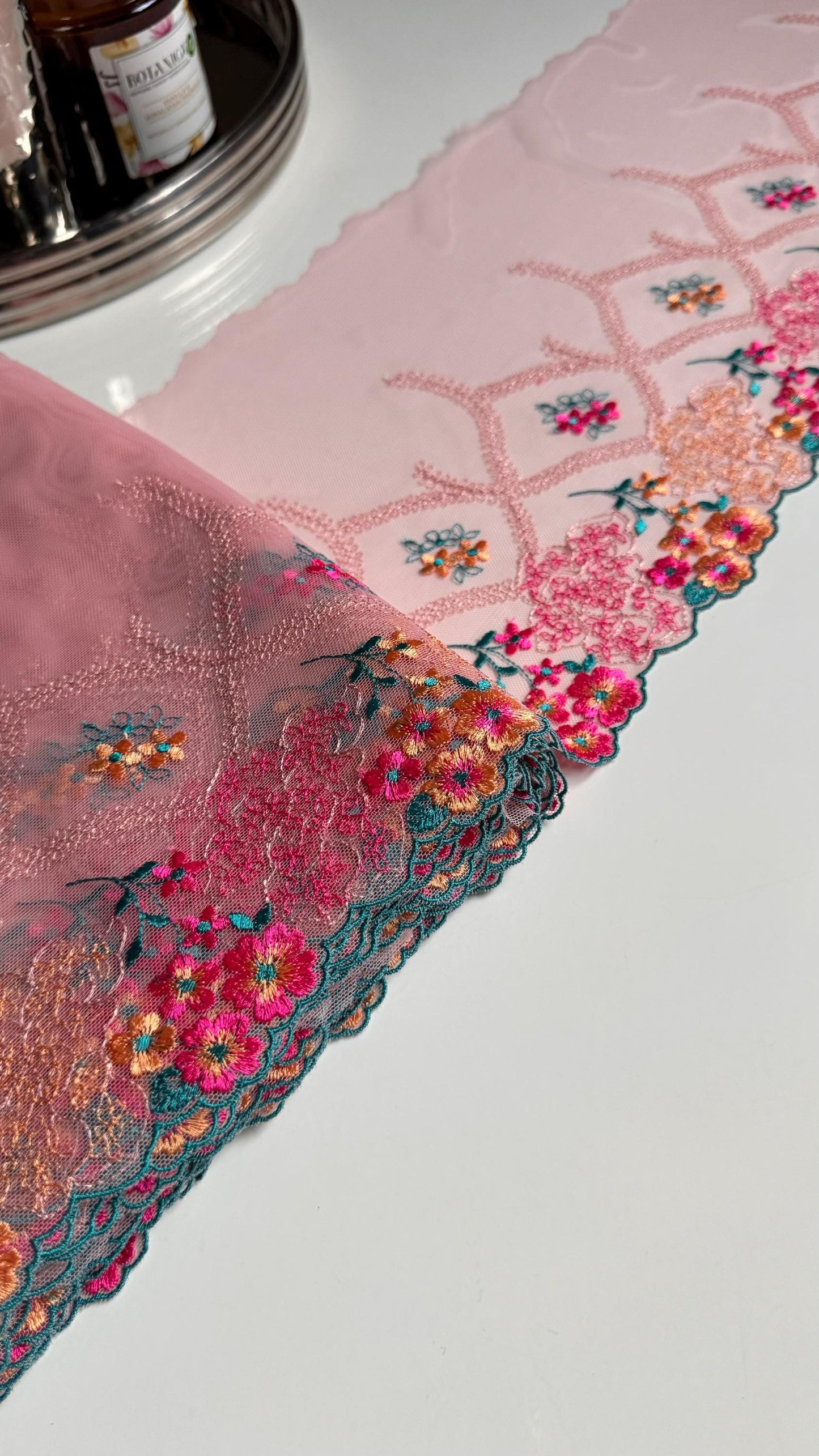 Pink Teal Green Yellow Floral Embroidered Lace Trim (9"/23cm) Mesh Tulle Scallop Edge Fabric for Bramaking Knickers Lingerie Sewing