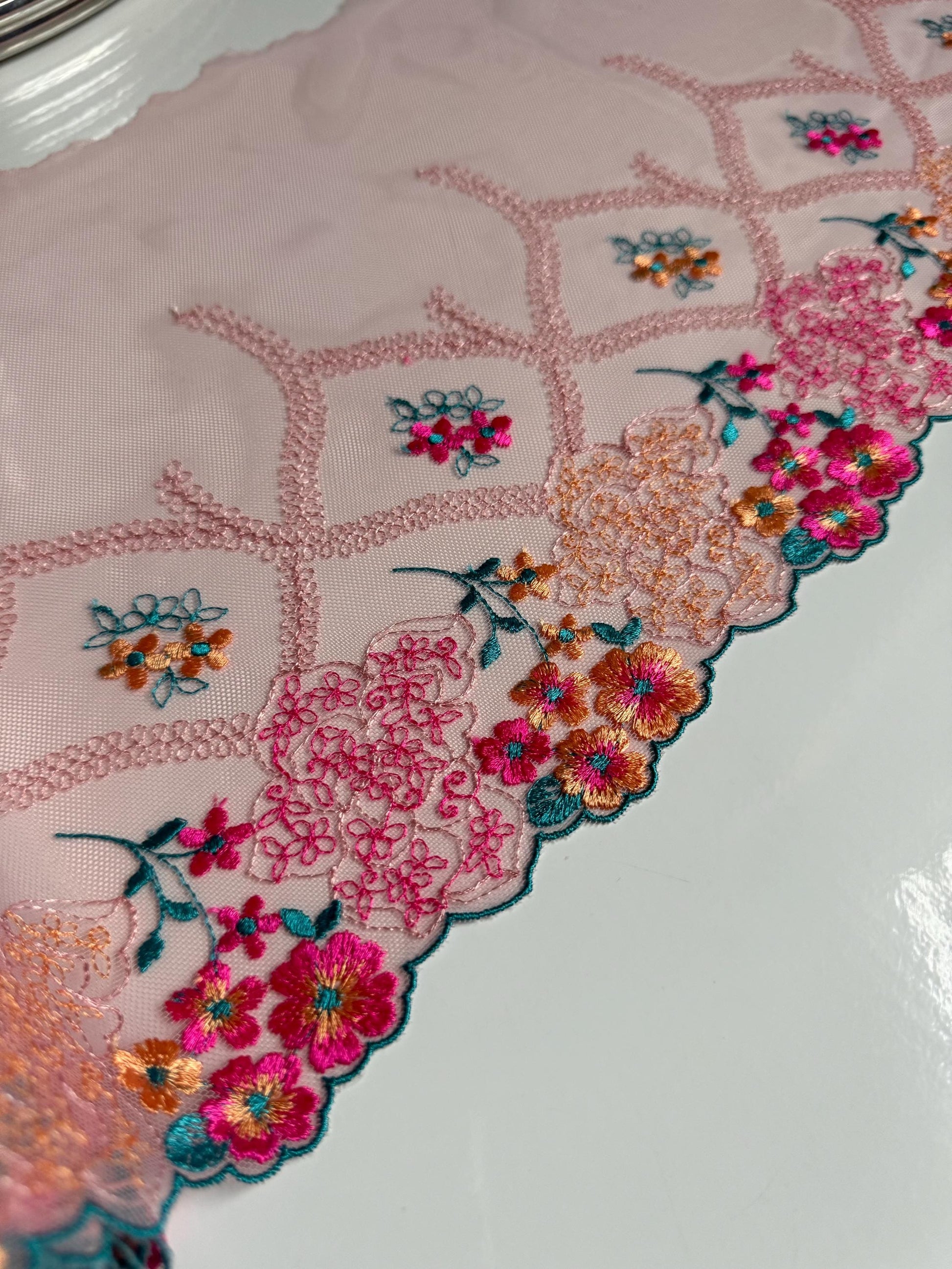 Pink Teal Green Yellow Floral Embroidered Lace Trim (9"/23cm) Mesh Tulle Scallop Edge Fabric for Bramaking Knickers Lingerie Sewing