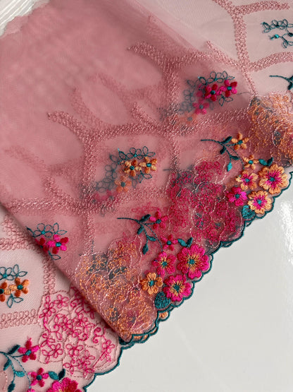 Pink Teal Green Yellow Floral Embroidered Lace Trim (9"/23cm) Mesh Tulle Scallop Edge Fabric for Bramaking Knickers Lingerie Sewing