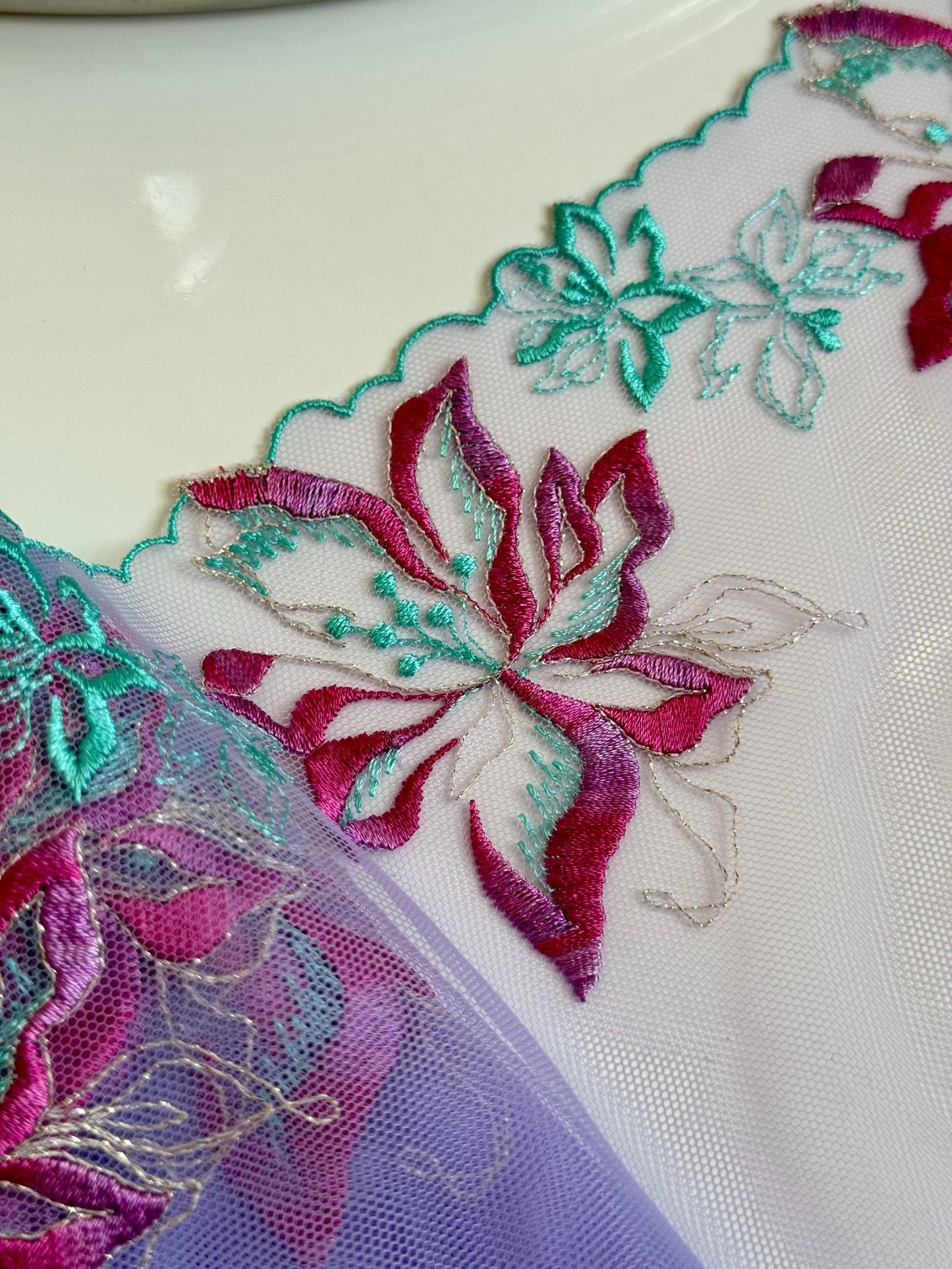 Lavender Blue Pink Floral Embroidered Lace Trim 8.25”/21cm Tulle Scallop Edge Fabric for Bra Making Knickers Lingerie Sewing Craft