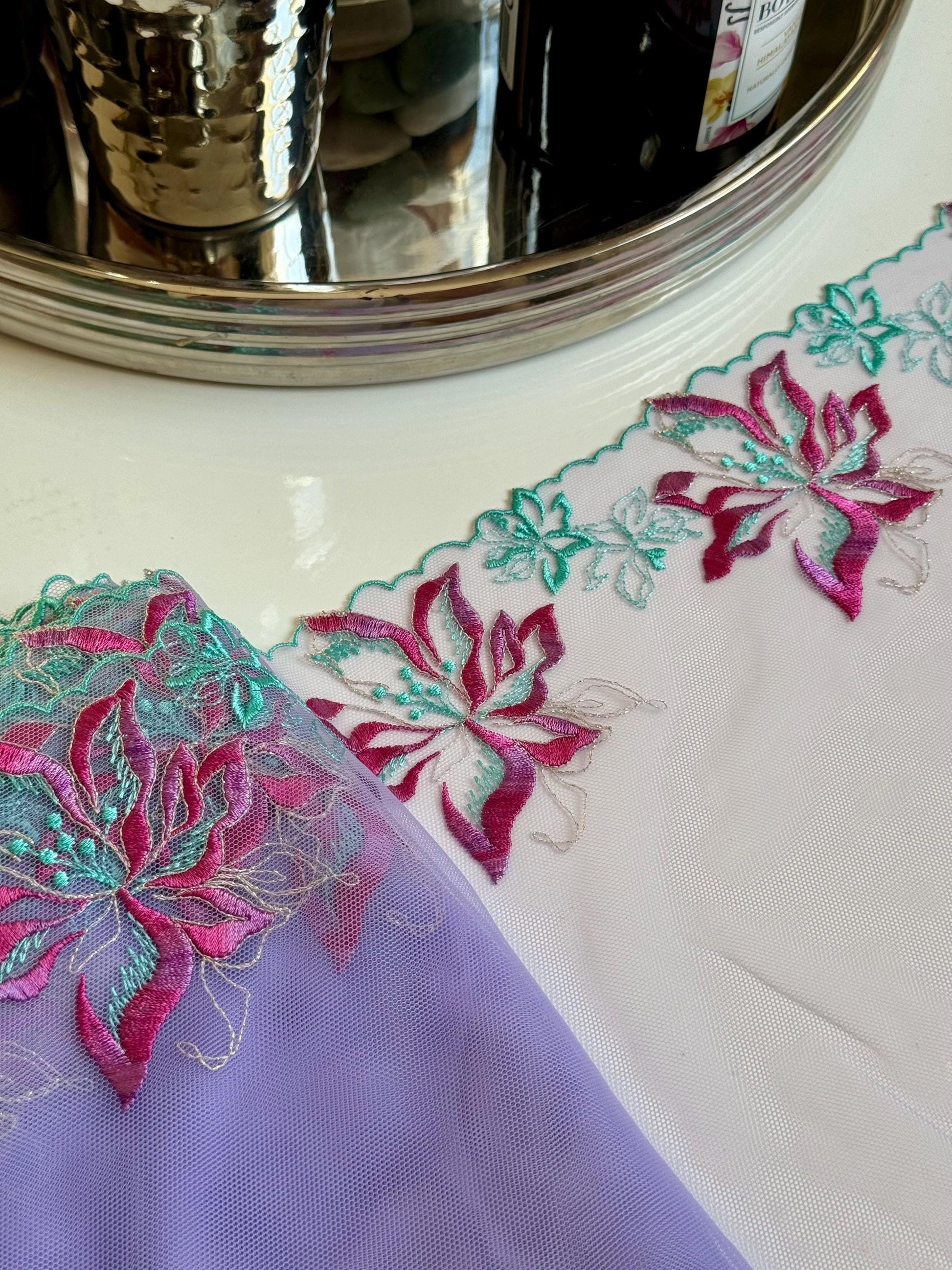 Lavender Blue Pink Floral Embroidered Lace Trim 8.25”/21cm Tulle Scallop Edge Fabric for Bra Making Knickers Lingerie Sewing Craft