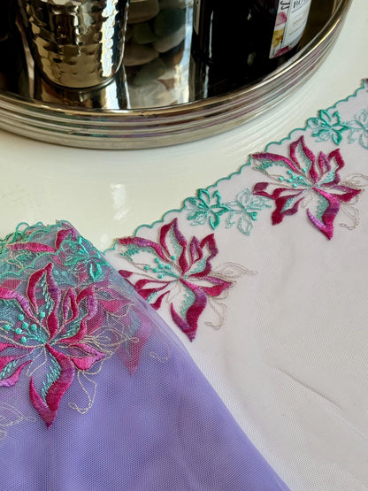 Lavender Blue Pink Floral Embroidered Lace Trim 8.25”/21cm Tulle Scallop Edge Fabric for Bra Making Knickers Lingerie Sewing Craft