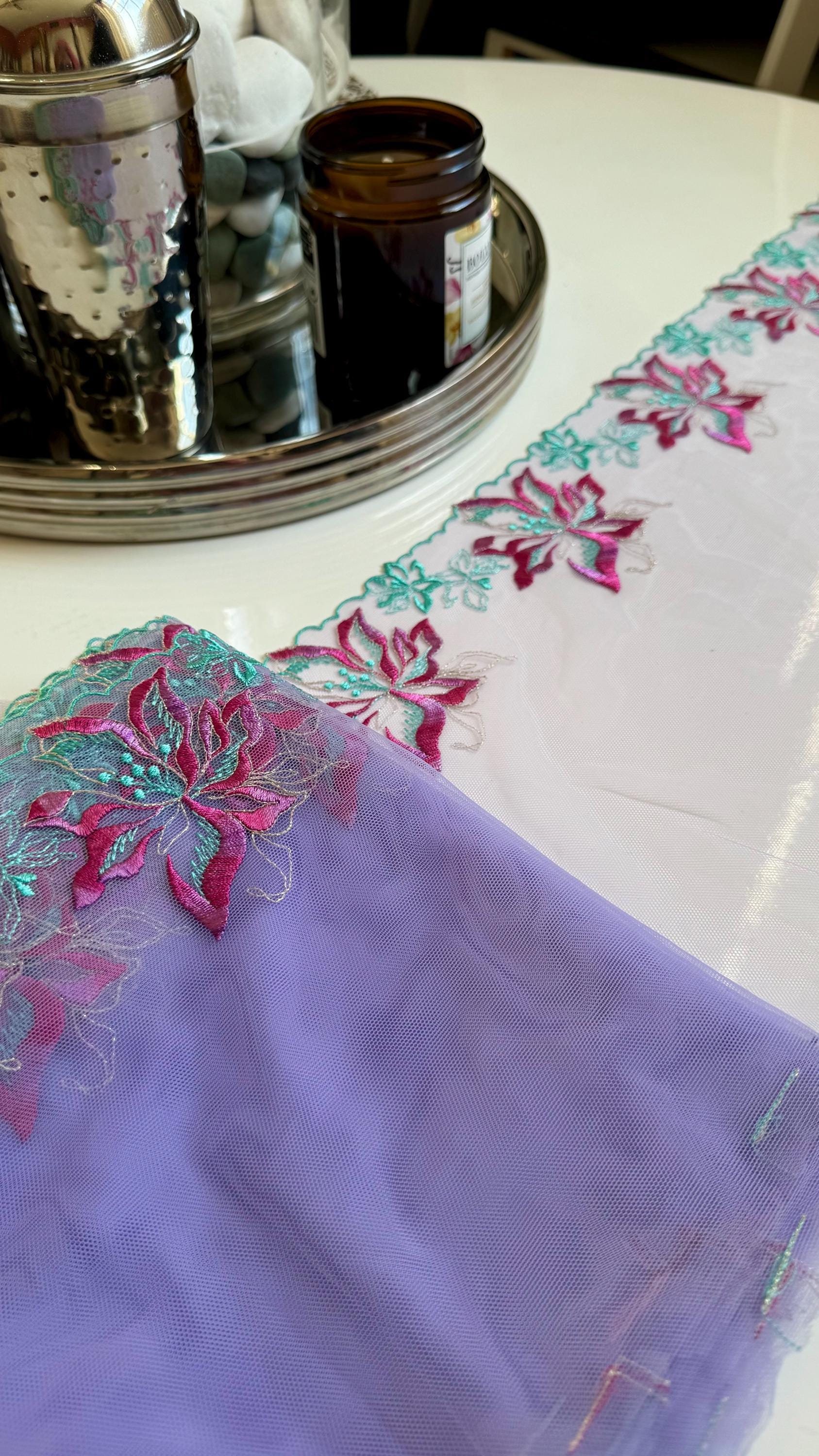 Lavender Blue Pink Floral Embroidered Lace Trim 8.25”/21cm Tulle Scallop Edge Fabric for Bra Making Knickers Lingerie Sewing Craft