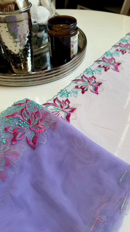 Lavender Blue Pink Floral Embroidered Lace Trim 8.25”/21cm Tulle Scallop Edge Fabric for Bra Making Knickers Lingerie Sewing Craft
