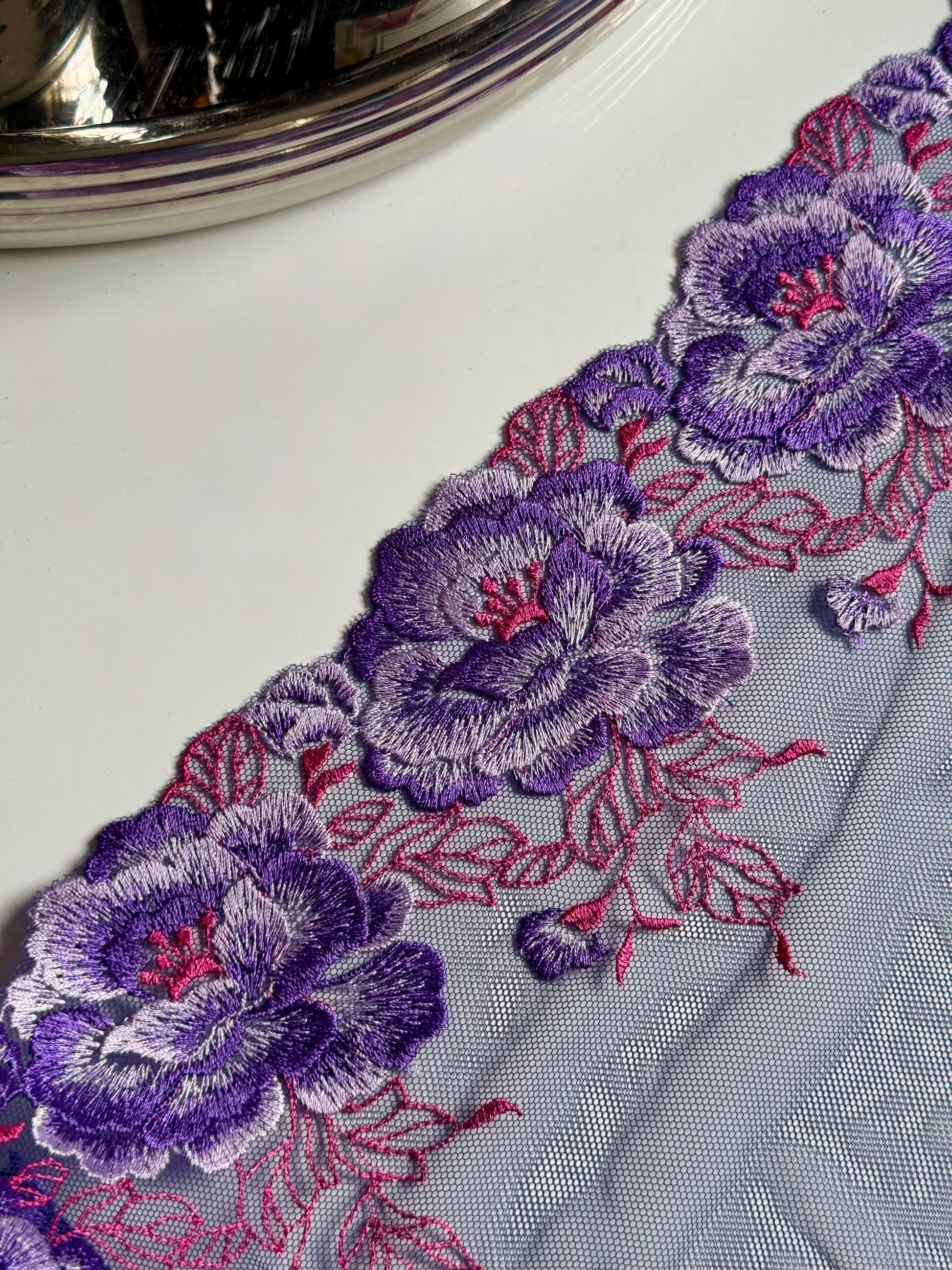 Purple Pink Large Flower Embroidered Lace Trim (8.75"/22cm) Navy Mesh Tulle Scallop Edge Fabric for Bramaking Knickers Lingerie Sewing Craft