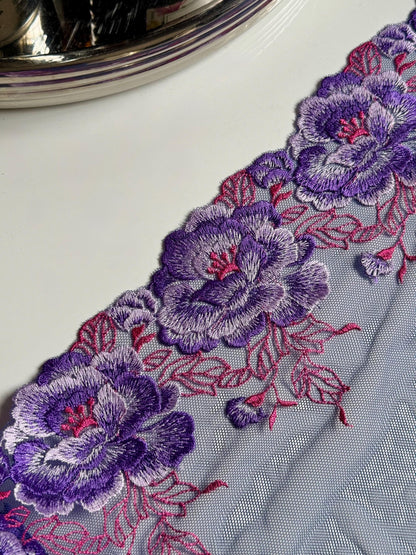 Purple Pink Large Flower Embroidered Lace Trim (8.75"/22cm) Navy Mesh Tulle Scallop Edge Fabric for Bramaking Knickers Lingerie Sewing Craft