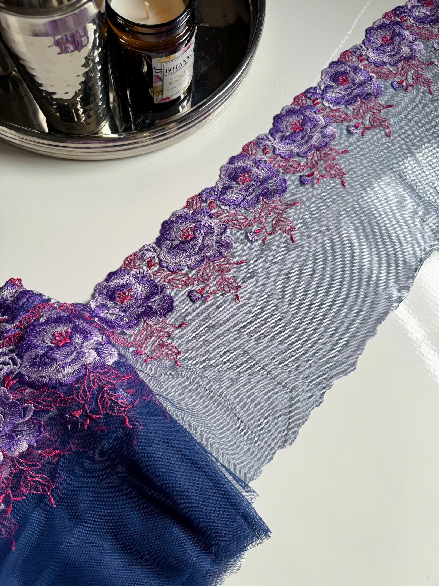 Purple Pink Large Flower Embroidered Lace Trim (8.75"/22cm) Navy Mesh Tulle Scallop Edge Fabric for Bramaking Knickers Lingerie Sewing Craft