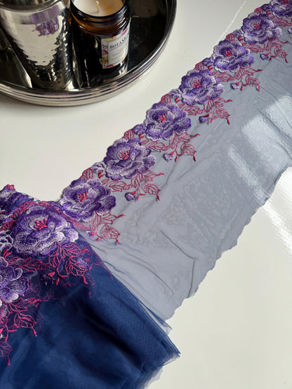 Purple Pink Large Flower Embroidered Lace Trim (8.75"/22cm) Navy Mesh Tulle Scallop Edge Fabric for Bramaking Knickers Lingerie Sewing Craft