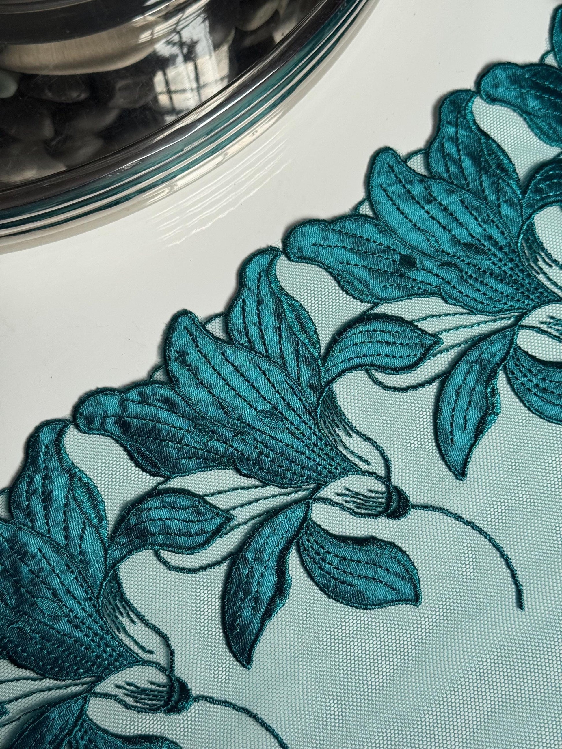 Satin Teal Green Floral Embroidered Lace Trim (7"/18cm) Scallop Edge Fabric for Bramaking Knickers Lingerie Sewing Craft