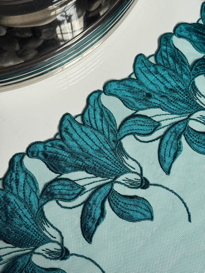 Satin Teal Green Floral Embroidered Lace Trim (7"/18cm) Scallop Edge Fabric for Bramaking Knickers Lingerie Sewing Craft