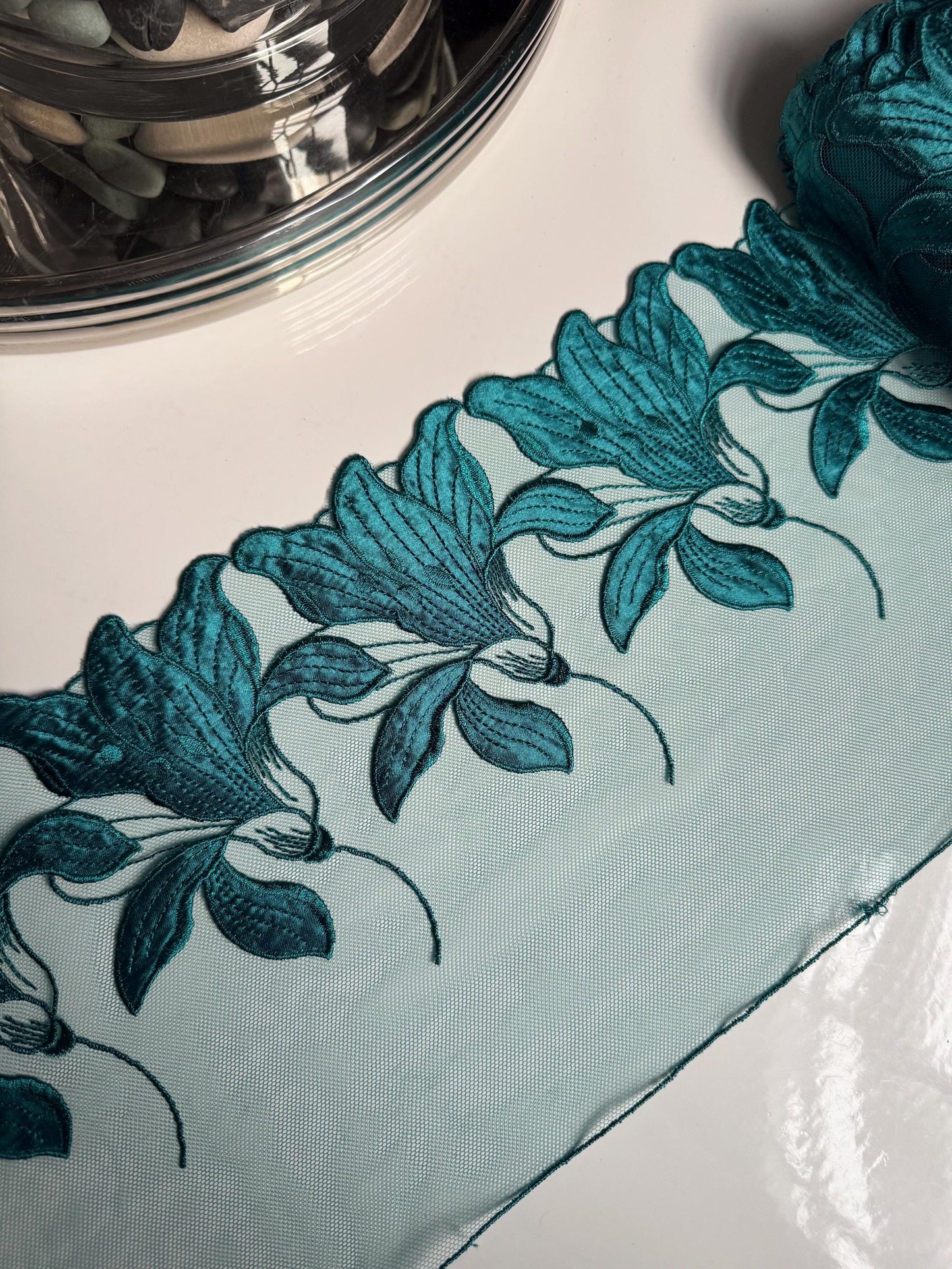Satin Teal Green Floral Embroidered Lace Trim (7"/18cm) Scallop Edge Fabric for Bramaking Knickers Lingerie Sewing Craft