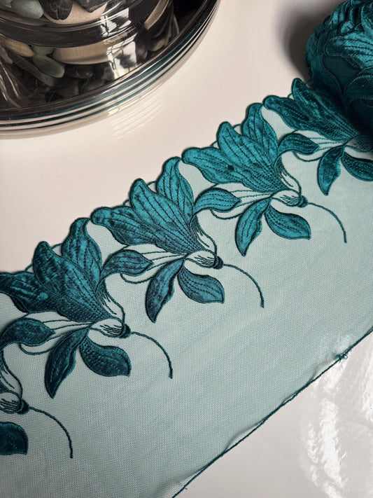 Satin Teal Green Floral Embroidered Lace Trim (7"/18cm) Scallop Edge Fabric for Bramaking Knickers Lingerie Sewing Craft