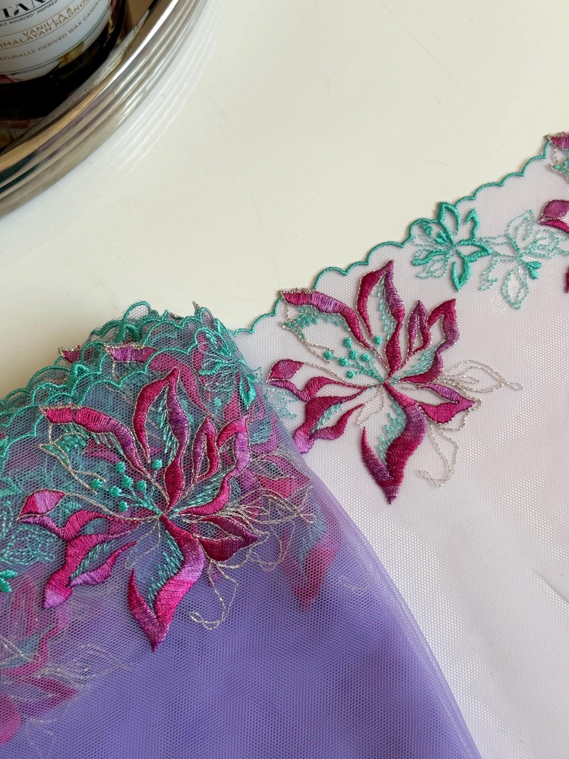 Lavender Blue Pink Floral Embroidered Lace Trim 8.25”/21cm Tulle Scallop Edge Fabric for Bra Making Knickers Lingerie Sewing Craft