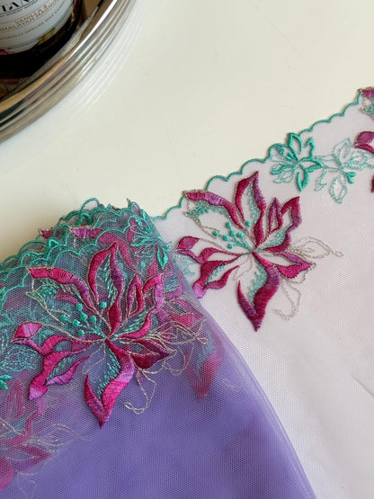 Lavender Blue Pink Floral Embroidered Lace Trim 8.25”/21cm Tulle Scallop Edge Fabric for Bra Making Knickers Lingerie Sewing Craft
