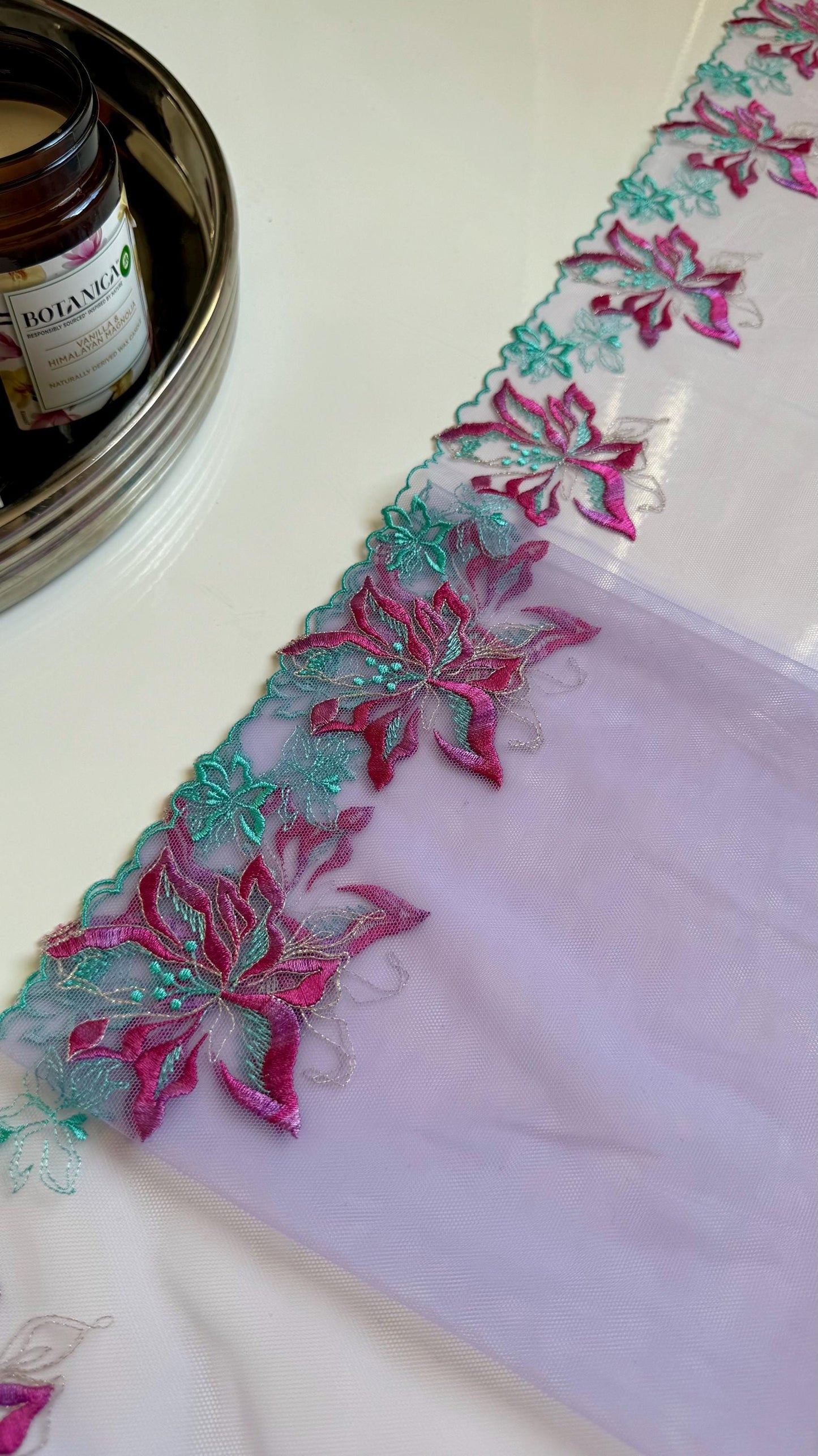 Lavender Blue Pink Floral Embroidered Lace Trim 8.25”/21cm Tulle Scallop Edge Fabric for Bra Making Knickers Lingerie Sewing Craft
