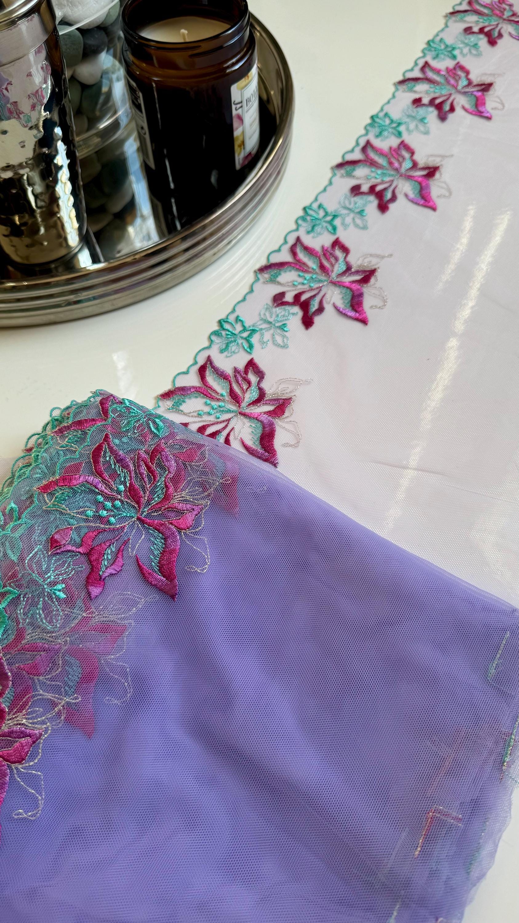 Lavender Blue Pink Floral Embroidered Lace Trim 8.25”/21cm Tulle Scallop Edge Fabric for Bra Making Knickers Lingerie Sewing Craft
