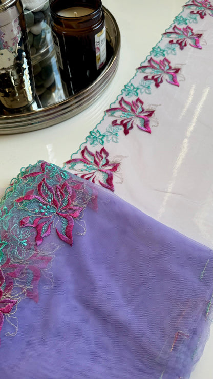 Lavender Blue Pink Floral Embroidered Lace Trim 8.25”/21cm Tulle Scallop Edge Fabric for Bra Making Knickers Lingerie Sewing Craft