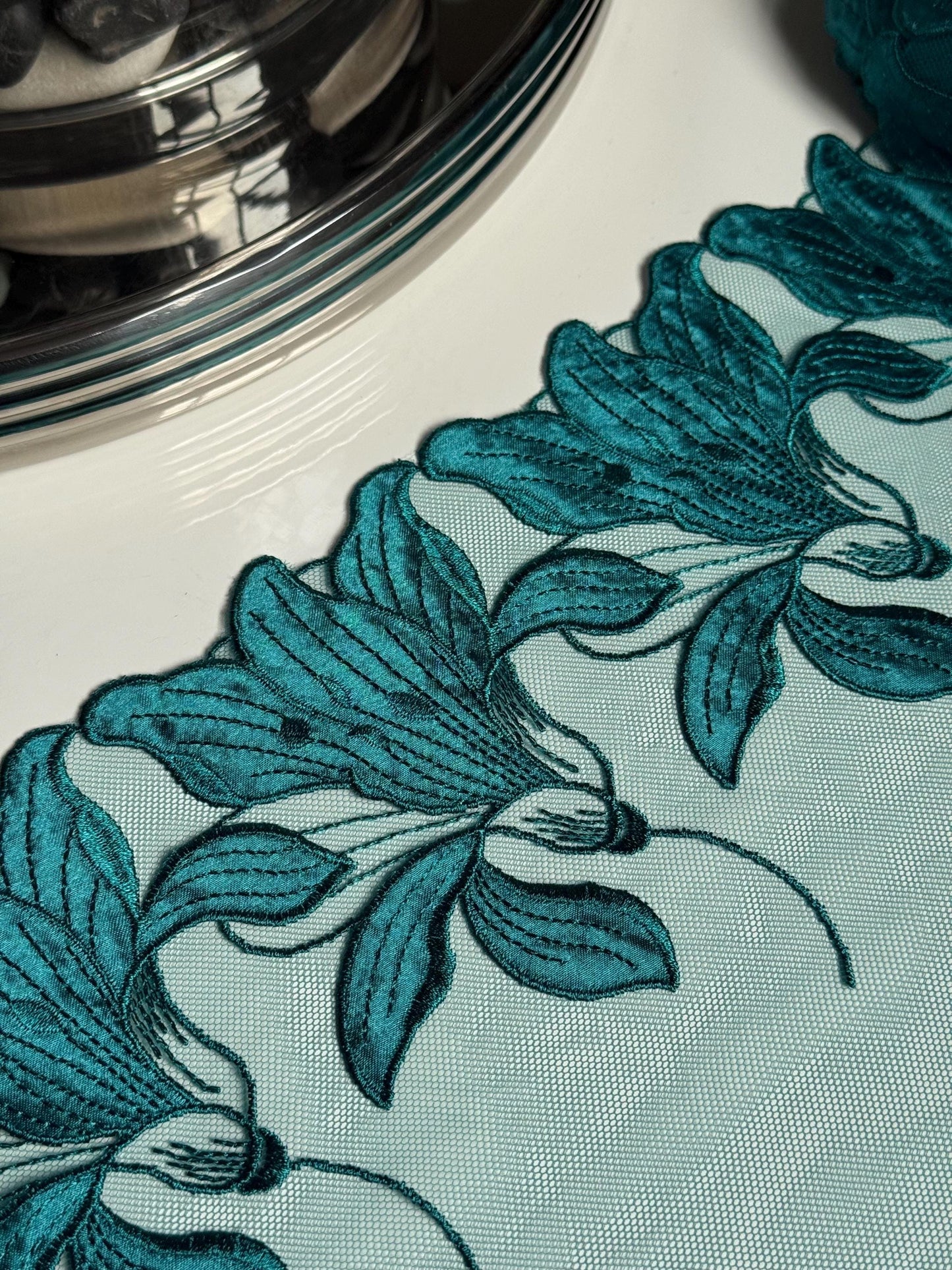 Satin Teal Green Floral Embroidered Lace Trim (7"/18cm) Scallop Edge Fabric for Bramaking Knickers Lingerie Sewing Craft