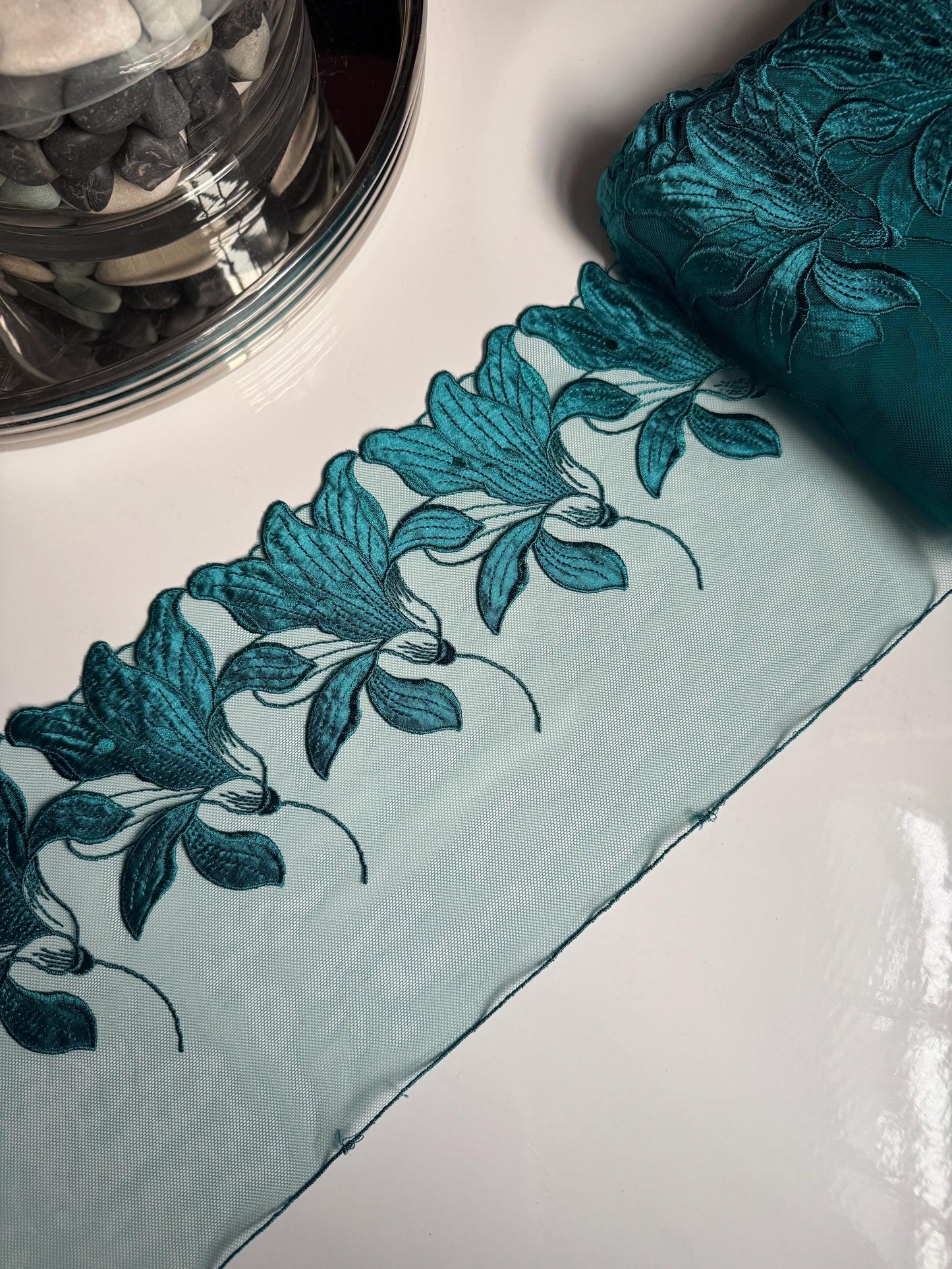 Satin Teal Green Floral Embroidered Lace Trim (7"/18cm) Scallop Edge Fabric for Bramaking Knickers Lingerie Sewing Craft