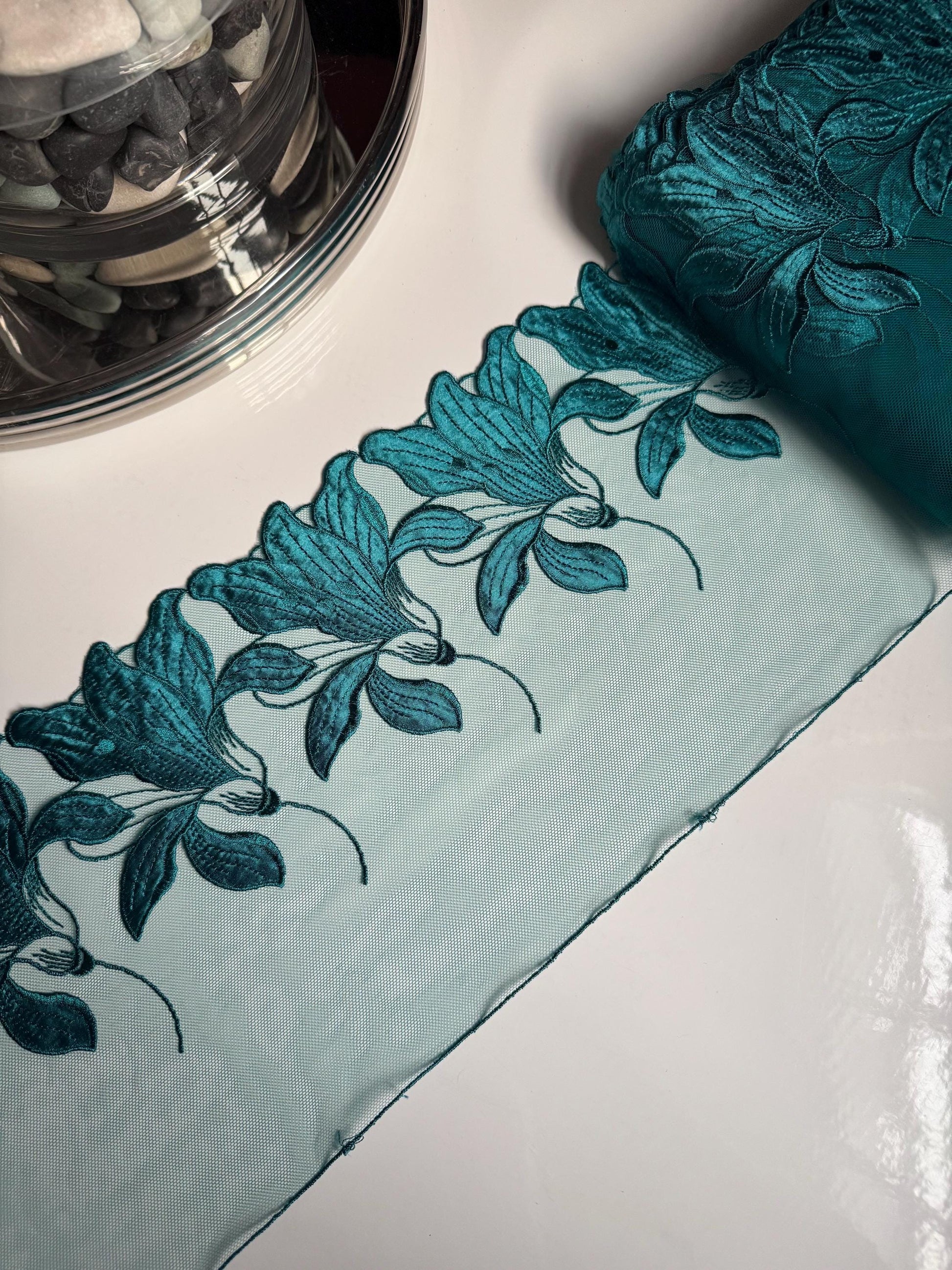 Satin Teal Green Floral Embroidered Lace Trim (7"/18cm) Scallop Edge Fabric for Bramaking Knickers Lingerie Sewing Craft