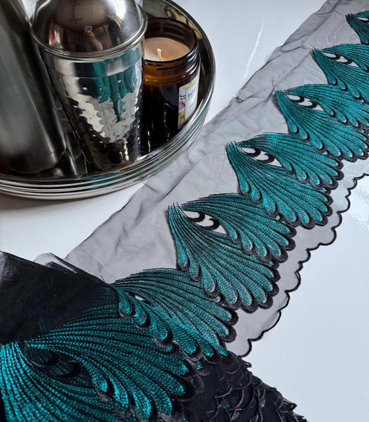Black Teal Blue Swirl Leaf Embroidered Lace Trim (7"/18cm) Tulle Scallop Edge Fabric for Bra Making Knickers Lingerie Sewing Crafts