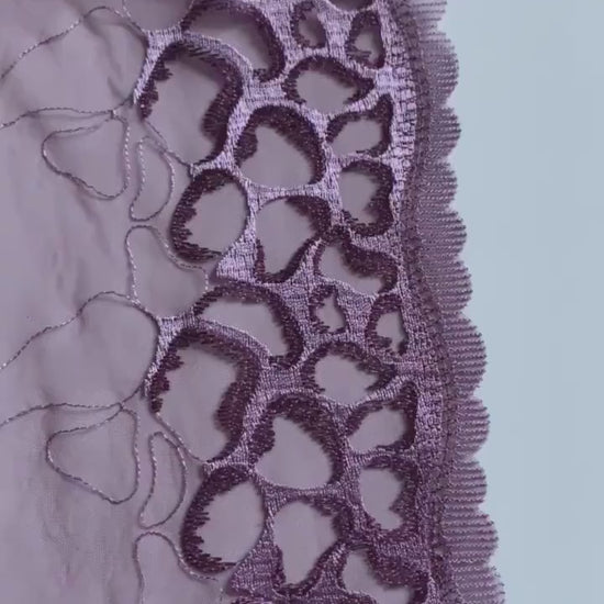 Lilac Leopard Embroidered Lace Trim 9.25”/23.5cm Purple Tulle Scallop Edge Fabric for Bra Making Knickers Lingerie Sewing Craft