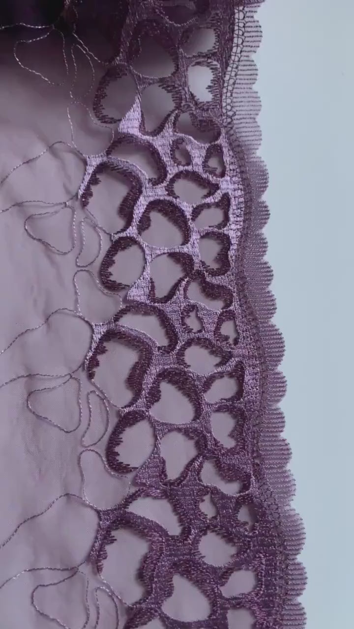 Lilac Leopard Embroidered Lace Trim 9.25”/23.5cm Purple Tulle Scallop Edge Fabric for Bra Making Knickers Lingerie Sewing Craft