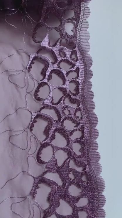Lilac Leopard Embroidered Lace Trim 9.25”/23.5cm Purple Tulle Scallop Edge Fabric for Bra Making Knickers Lingerie Sewing Craft