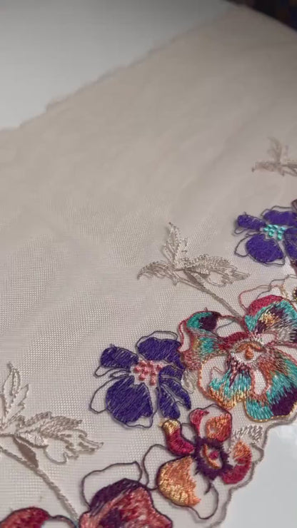Nude Blue Orange Brown Autumn Flower Floral Embroidered Lace Trim (7.5"/19cm) Tulle Scallop Fabric for Bramaking Knickers Lingerie Sewing