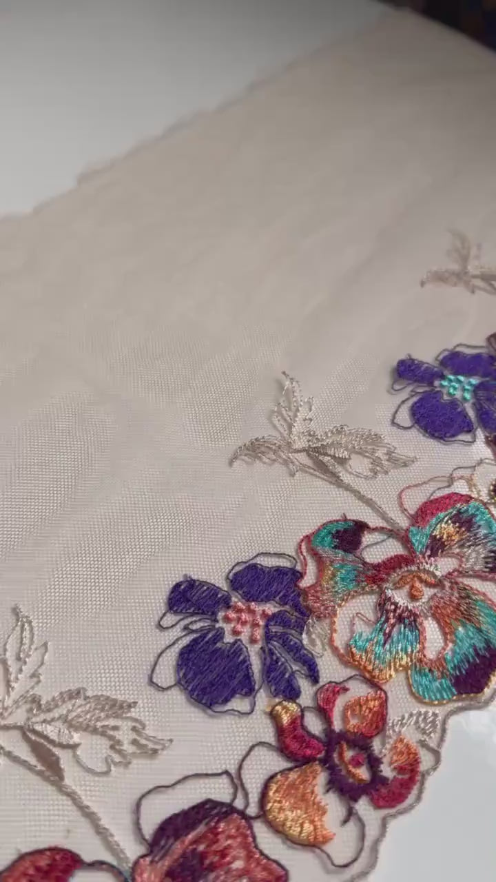 Nude Blue Orange Brown Autumn Flower Floral Embroidered Lace Trim (7.5"/19cm) Tulle Scallop Fabric for Bramaking Knickers Lingerie Sewing