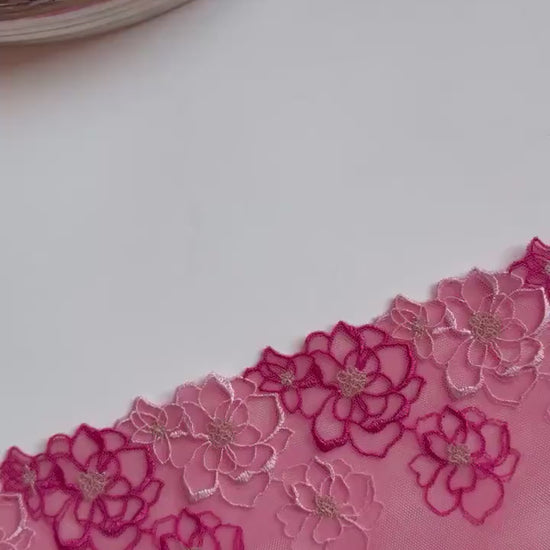 Rose Pink Light Stretch Floral Embroidered Lace Trim 5”/12.5cm Tulle Scallop Edge Fabric for Bra Making Knickers Lingerie Sewing Craft