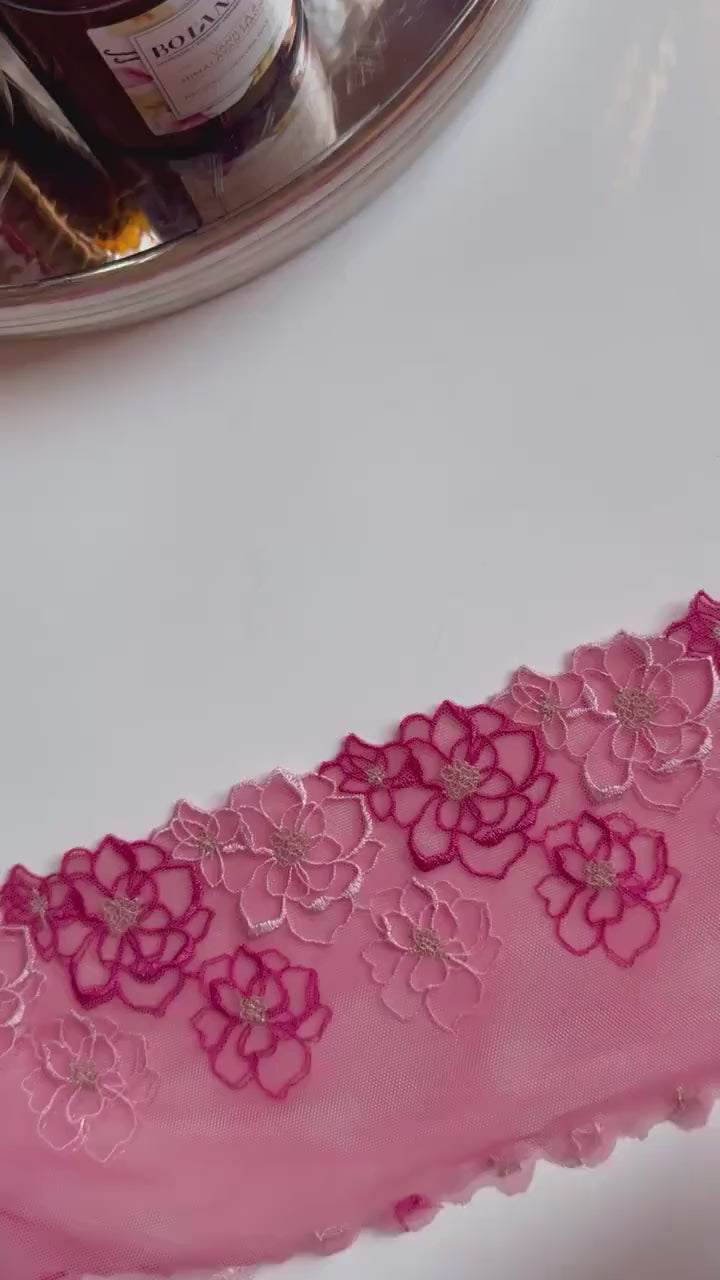 Rose Pink Light Stretch Floral Embroidered Lace Trim 5”/12.5cm Tulle Scallop Edge Fabric for Bra Making Knickers Lingerie Sewing Craft